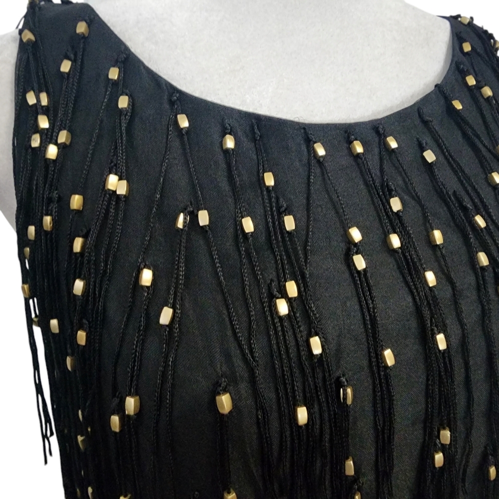 NEW Bagley Mischka Collection Silk Gold Bead Fringe Sleeveless Flapper Dress - Picture 3 of 12